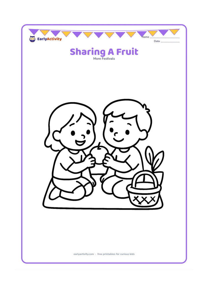 Colouring page: Draw two children sitting on a mat and sharing one round fruit, with a small basket and a leafy plant beside them.