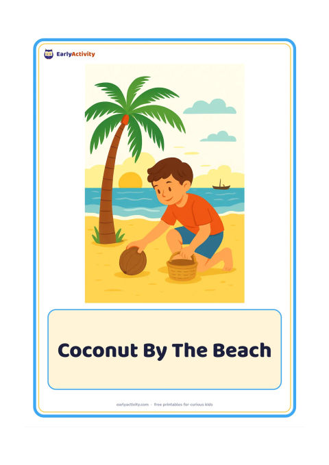 Flashcard: Draw a child collecting a fallen coconut beside a palm-lined beach in the late afternoon. Include gentle waves, a small woven basket and a fishing boat far offshore.