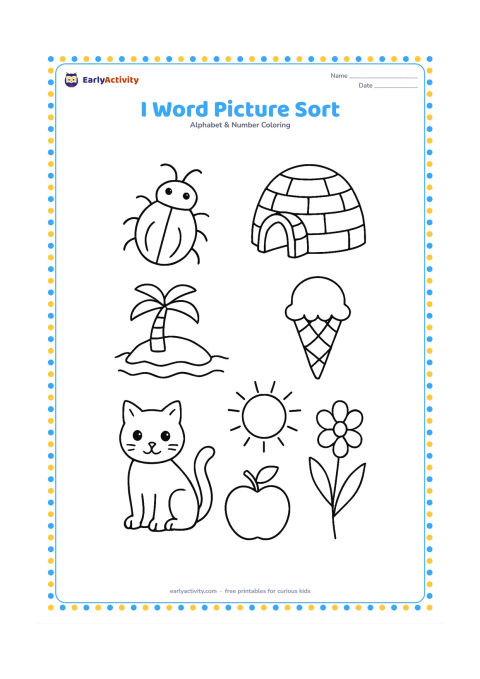 Colouring page: Arrange six separate picture cards showing an insect, igloo, ice cream, island, ink bottle, and iris, alongside six cards showing a sun, cat, apple, boat, flower, and kite. Leave…