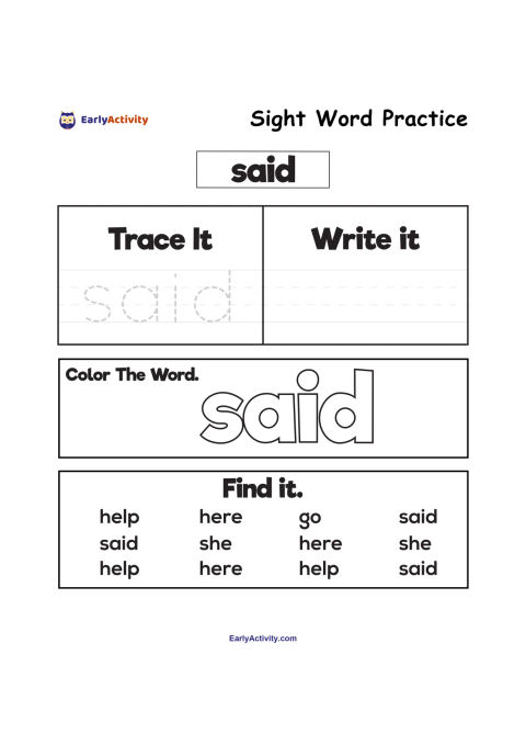 Worksheet for practising the sight word “said”, with tracing, writing, colouring and word-finding activities.