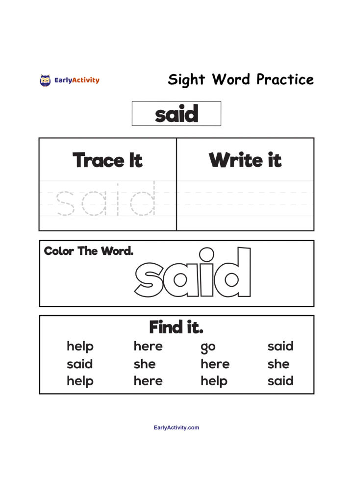 Worksheet for practising the sight word “said”, with tracing, writing, colouring and word-finding activities.