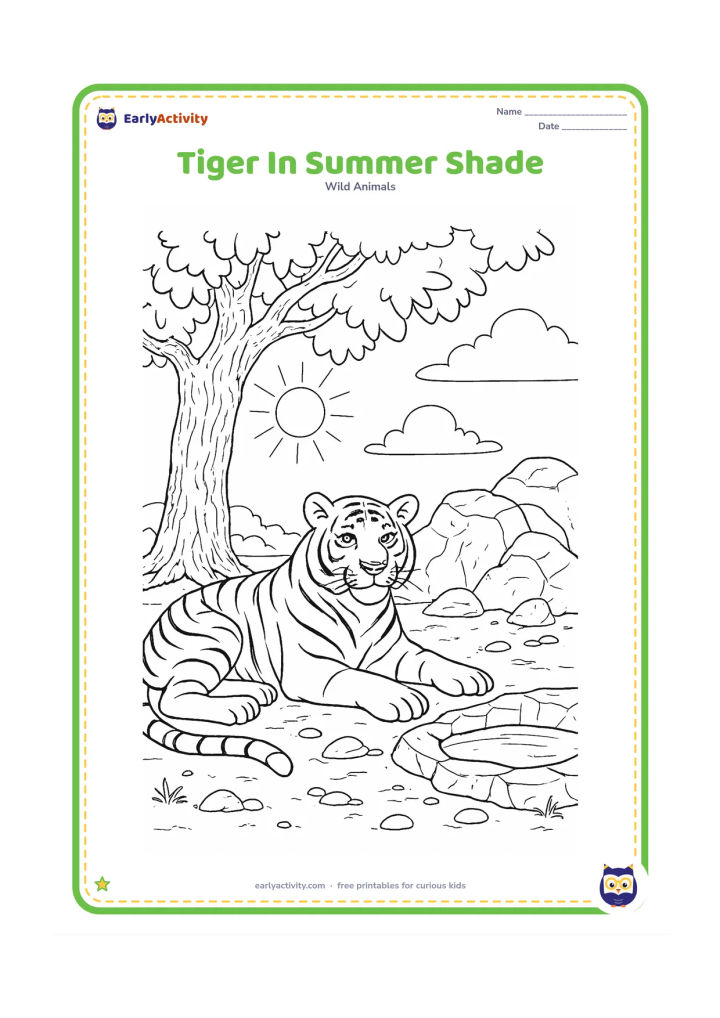 Colouring page: A tiger rests beside a rocky outcrop under a leafy tree during a hot summer day. Include textured bark, broad shade shapes, dry ground, scattered stones, and a small water bowl-like…