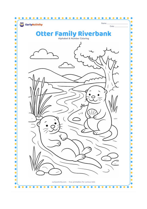 Colouring page: Draw two friendly otters beside a winding river, one floating on its back and one sitting with a shell, surrounded by reeds, smooth stones, driftwood and leafy trees. Add distant hills…