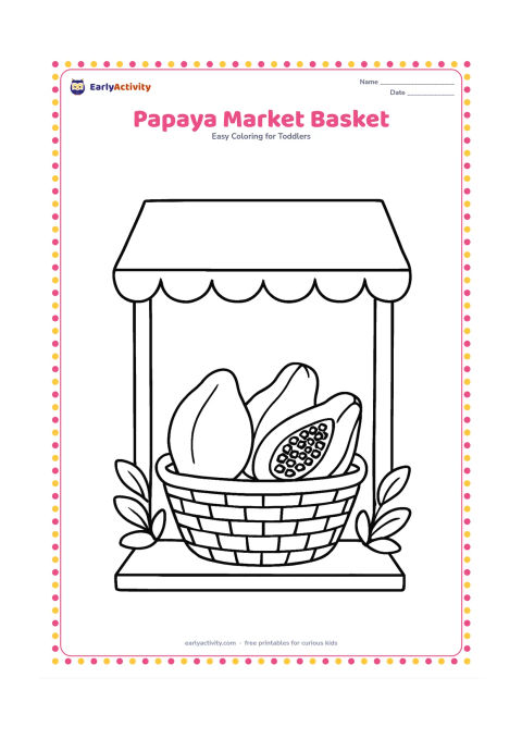 Colouring page: Draw a vendor's low basket filled with two papayas and one cut papaya showing large seeds. Place the basket at a simple Indian-style market stall with a cloth canopy and a few leafy shapes.