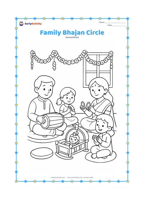 Colouring page: Draw a family seated in a circle at home during Janmashtami, with one person playing a hand drum and another holding small cymbals. Include a small Krishna cradle, flower garlands and…