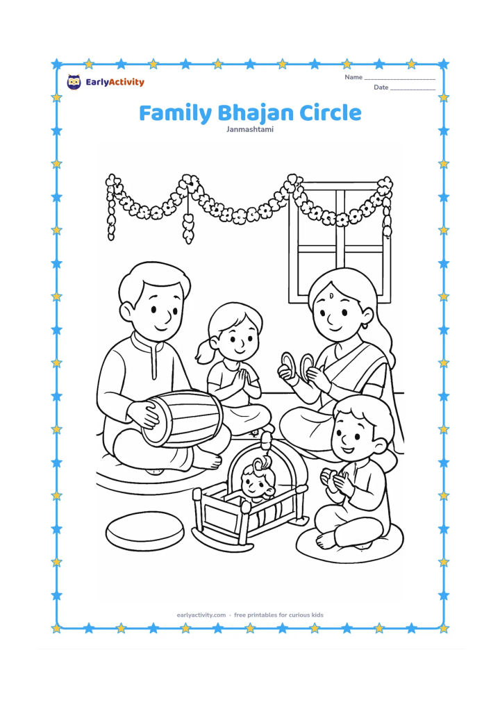 Colouring page: Draw a family seated in a circle at home during Janmashtami, with one person playing a hand drum and another holding small cymbals. Include a small Krishna cradle, flower garlands and…