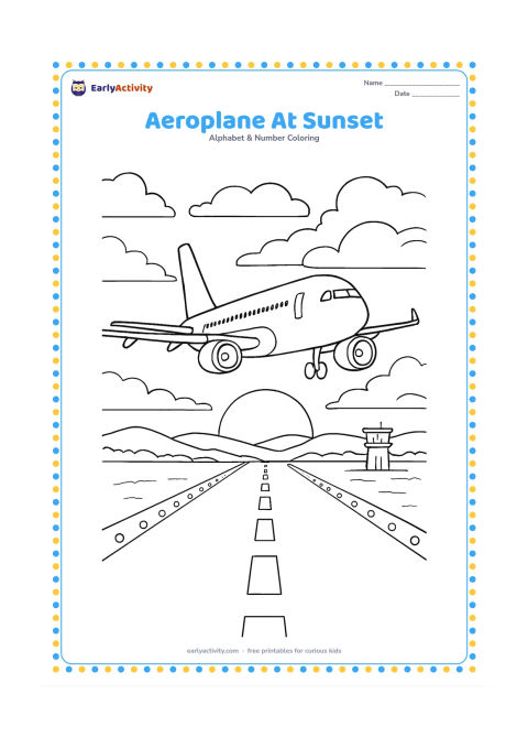 Colouring page: Draw a passenger aeroplane descending toward a runway at sunset, with layered clouds, distant hills, runway lights, and a small airport control tower. Keep the aircraft unmarked.