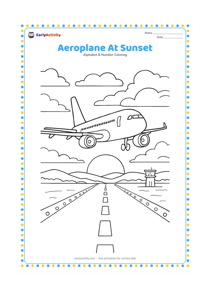 Colouring page: Draw a passenger aeroplane descending toward a runway at sunset, with layered clouds, distant hills, runway lights, and a small airport control tower. Keep the aircraft unmarked.