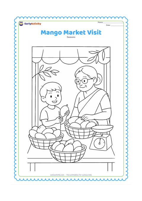 Colouring page: Draw a child and grandparent choosing mangoes at an Indian summer market stall. Show baskets of different mango shapes, a weighing scale, a cloth canopy, and a few leafy branches.
