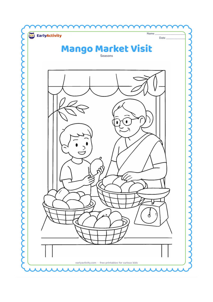 Colouring page: Draw a child and grandparent choosing mangoes at an Indian summer market stall. Show baskets of different mango shapes, a weighing scale, a cloth canopy, and a few leafy branches.