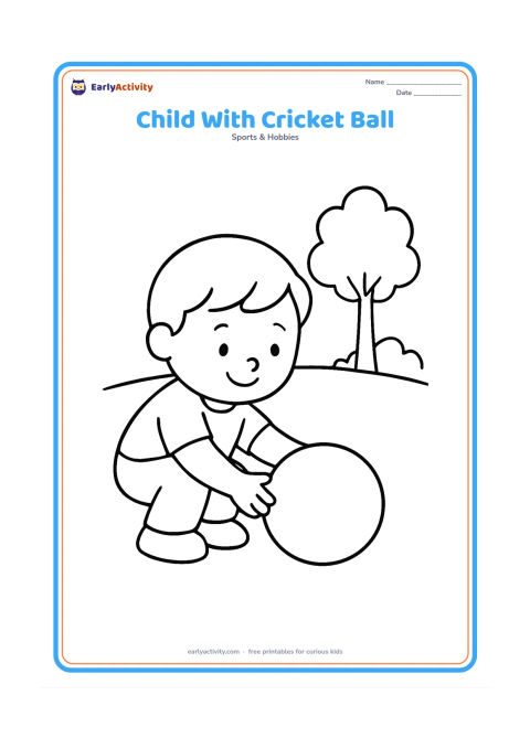Colouring page: A happy child crouching to pick up one large cricket ball from the ground. Add a simple curved field line and one leafy tree in the distance.