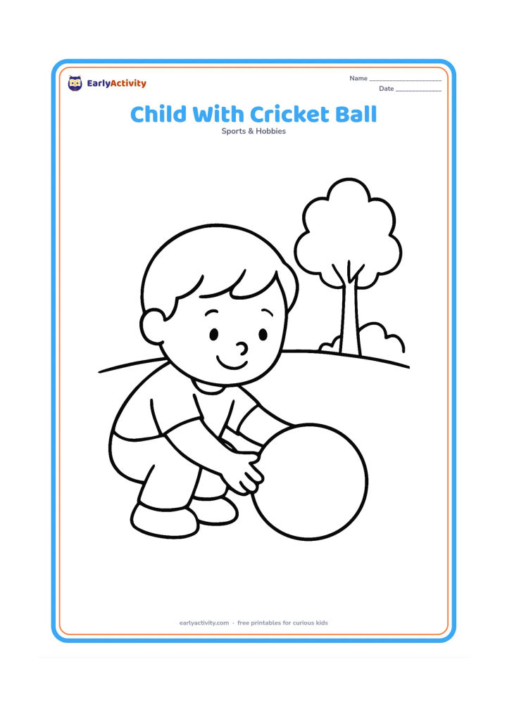 Colouring page: A happy child crouching to pick up one large cricket ball from the ground. Add a simple curved field line and one leafy tree in the distance.
