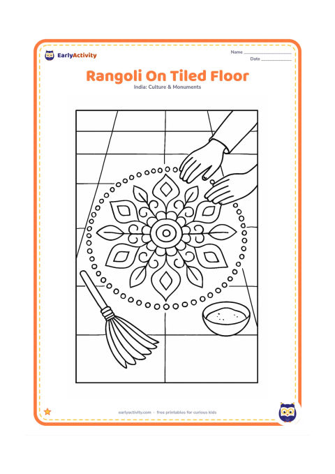 Colouring page: Show a detailed but open rangoli centered on a tiled veranda, combining circles, leaves, diamonds and four-way symmetry. Include a broom, a small powder bowl and a seated adult's hands…