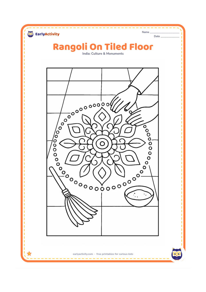 Colouring page: Show a detailed but open rangoli centered on a tiled veranda, combining circles, leaves, diamonds and four-way symmetry. Include a broom, a small powder bowl and a seated adult's hands…