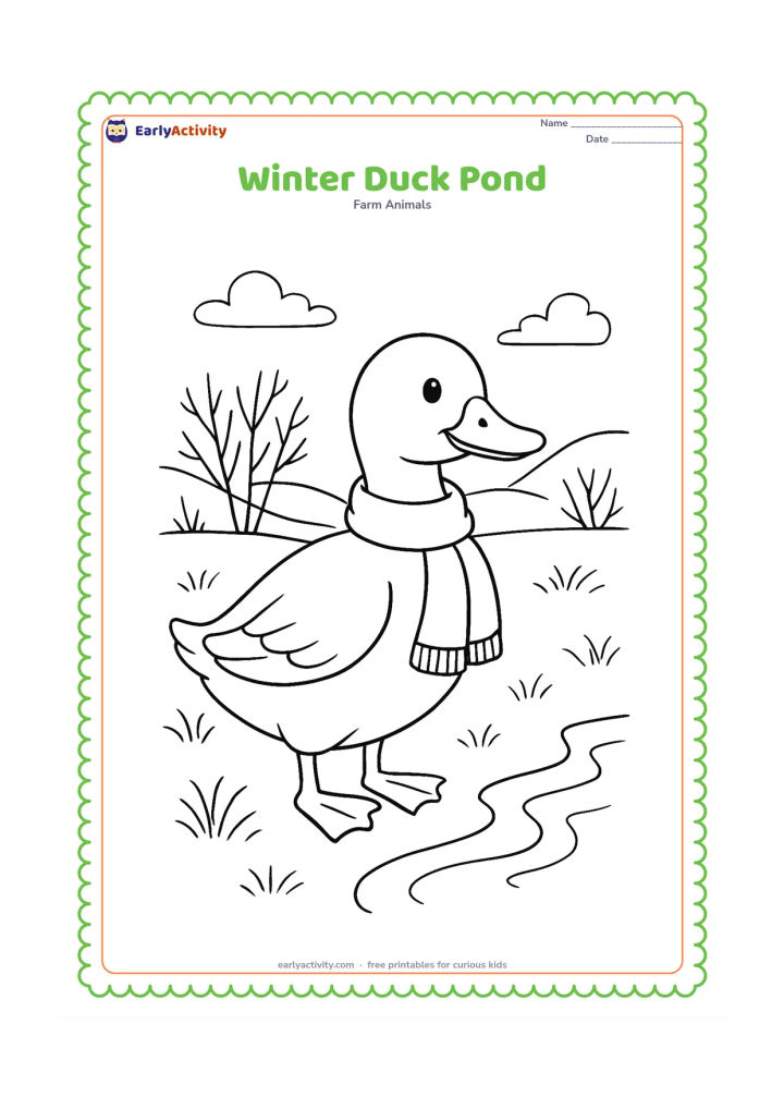 Colouring page: A duck stands on a cool-season pond bank with a simple knitted-looking scarf shape around its neck, bare shrubs, frosty grass marks and a few distant hills. Keep the duck natural and…