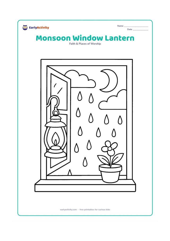 Colouring page: A lantern hangs beside an open window during a rainy evening, with broad raindrops, a sill plant, clouds, and a crescent moon beyond. Keep the rain and cloud shapes large and widely spaced.