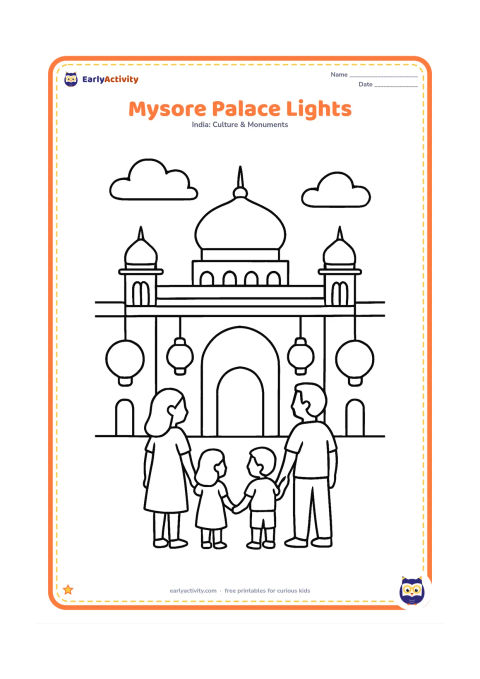 Colouring page: Show the front of Mysore Palace with its central dome, two side towers and a few large arched windows. Place a family looking at simple hanging lamps along the palace entrance, with no…