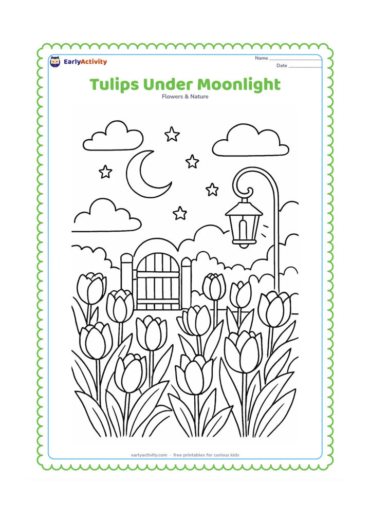 Colouring page: Draw a quiet tulip garden at night with rows of tulips, a crescent moon, stars, a garden gate, a lantern and soft clouds. Include detailed leaves and several differently shaped blossoms.