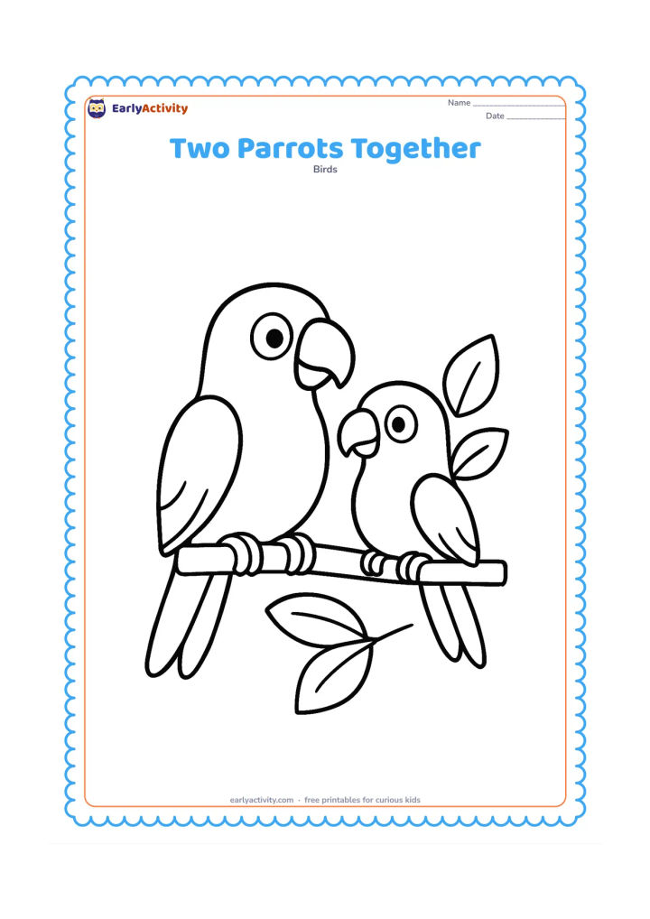 Colouring page: Draw two friendly parrots sitting side by side on a short branch, one slightly larger than the other. Include simple rounded bodies, curved beaks, large eyes, and a few oversized leaves.
