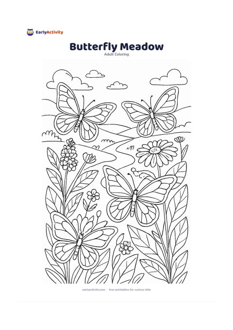 Colouring page: Draw several large butterflies resting on wildflowers and broad leaves in a sunny meadow. Include gentle rolling hills, a few clouds, and a winding path that creates open colouring areas.