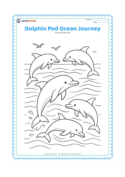 Colouring page: Draw five dolphins travelling in a pod across a wide ocean scene, with different swimming directions, layered waves, distant seabirds, and a low horizon. Include subtle curved water…