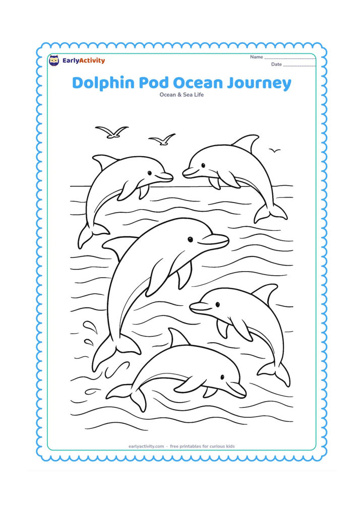 Colouring page: Draw five dolphins travelling in a pod across a wide ocean scene, with different swimming directions, layered waves, distant seabirds, and a low horizon. Include subtle curved water…