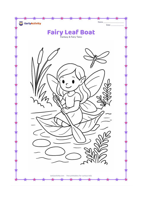 Colouring page: A seated fairy paddles a boat made from one large leaf across a woodland stream. Add reeds, stepping stones, ferns and a dragonfly above the water.