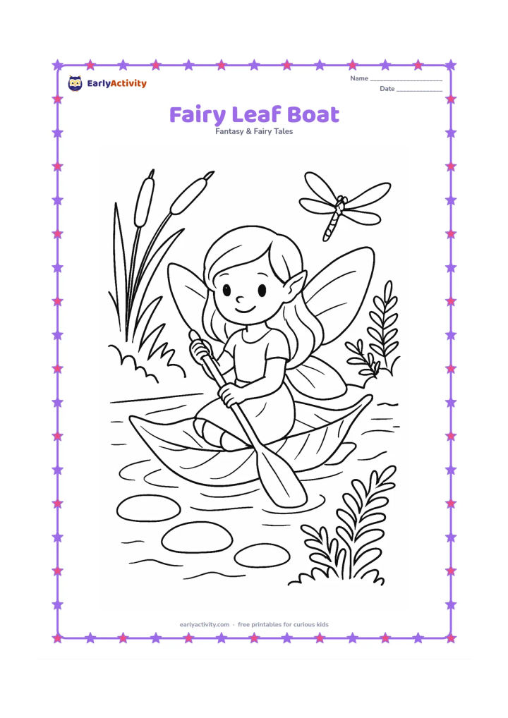 Colouring page: A seated fairy paddles a boat made from one large leaf across a woodland stream. Add reeds, stepping stones, ferns and a dragonfly above the water.