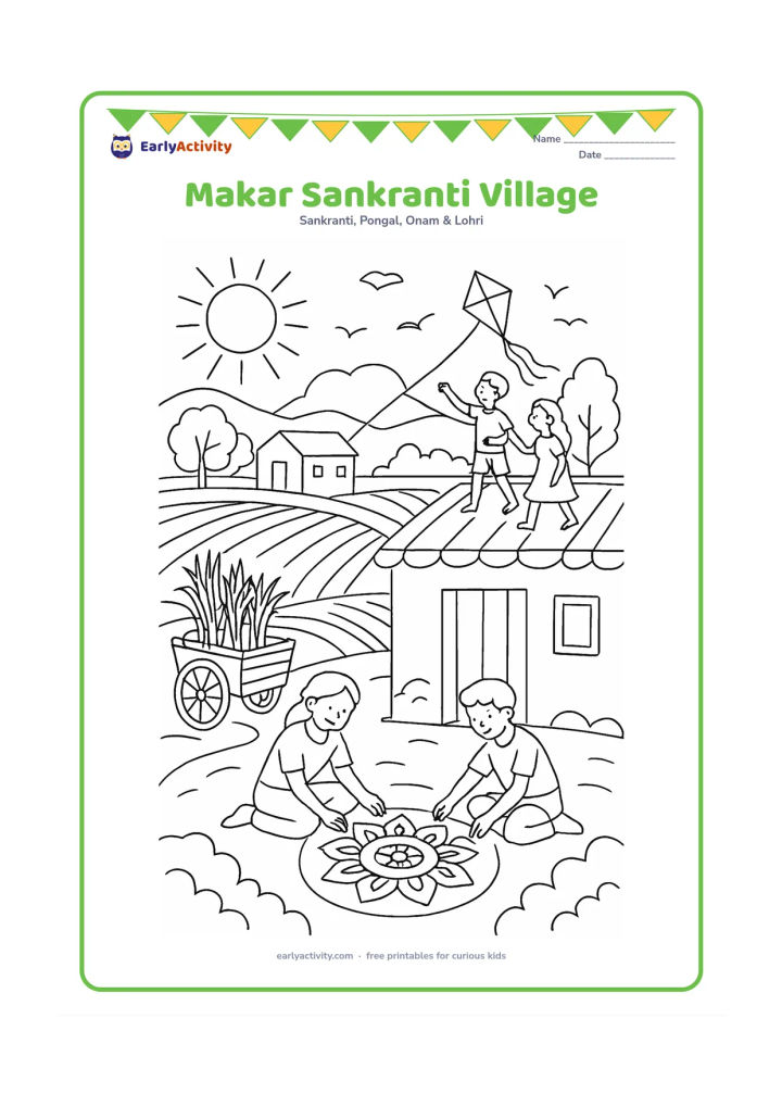 Colouring page: A broad village scene shows fields, a farmhouse, a safe rooftop with kite flyers, children making a rangoli near a doorway, a sugarcane cart, birds, and a bright winter sun.