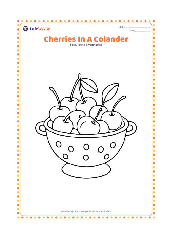 Colouring page: Draw a kitchen colander holding a group of cherries, with a few stems and leaves visible above the rim.