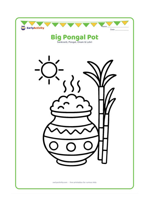 Colouring page: A large decorated Pongal pot boils over with rice and steam, with two sugarcane stalks beside it and a small Sun above. Center the pot with plenty of open space around it.