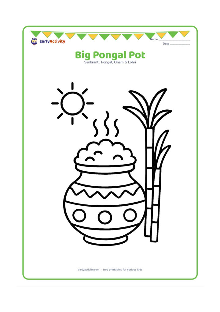 Colouring page: A large decorated Pongal pot boils over with rice and steam, with two sugarcane stalks beside it and a small Sun above. Center the pot with plenty of open space around it.