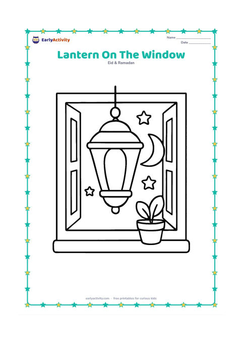 Colouring page: Draw one large lantern hanging in front of an open window, with a crescent moon and a few stars outside. Add a simple sill with a small plant.
