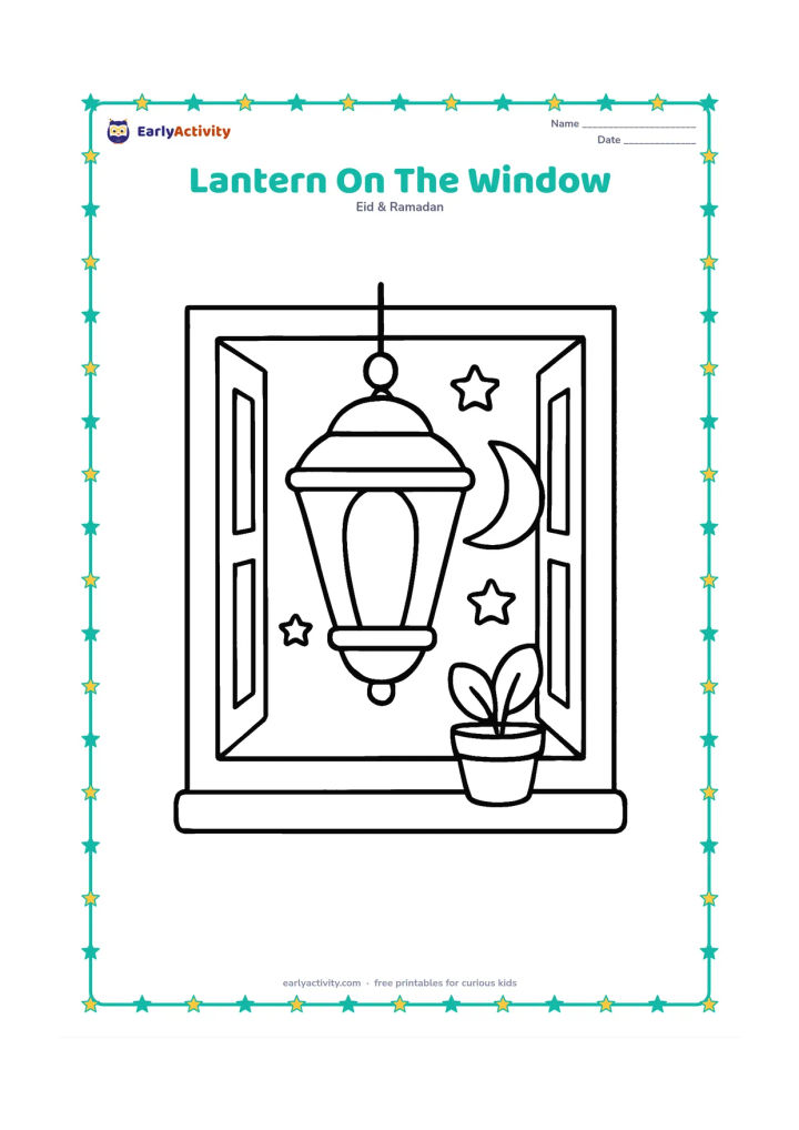 Colouring page: Draw one large lantern hanging in front of an open window, with a crescent moon and a few stars outside. Add a simple sill with a small plant.