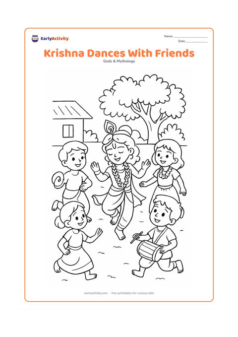 Colouring page: Draw Krishna dancing in a circle with four child friends in an open village courtyard. Include a small drum, hand cymbals, flower garlands, and a leafy tree behind them.