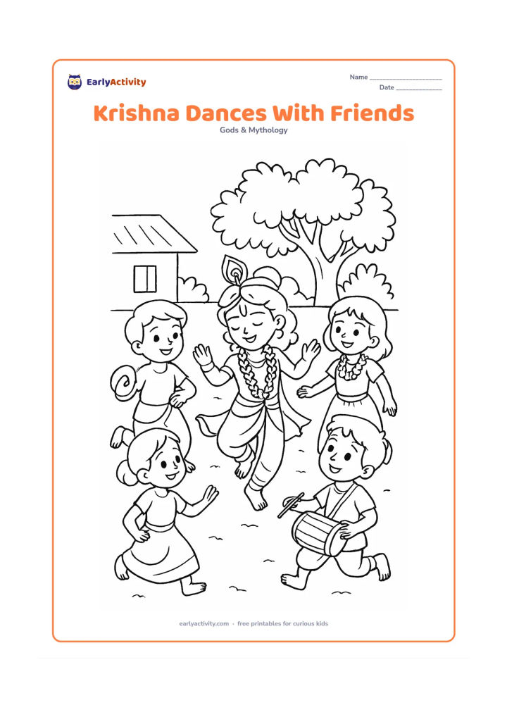 Colouring page: Draw Krishna dancing in a circle with four child friends in an open village courtyard. Include a small drum, hand cymbals, flower garlands, and a leafy tree behind them.