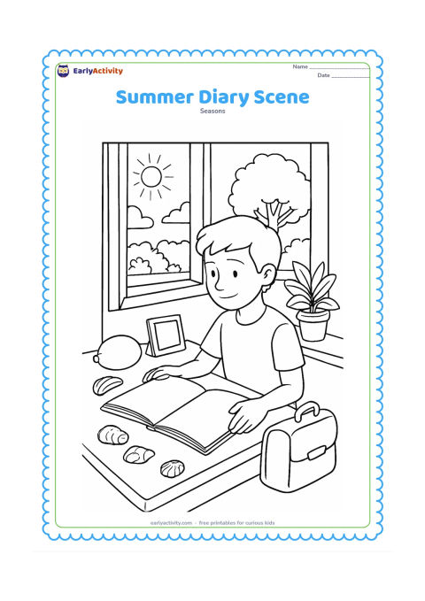 Colouring page: Draw an older child sitting at a desk by an open window, recalling a holiday while looking at a blank scrapbook page. Surround the desk with a mango, seashells, a small photo frame with…