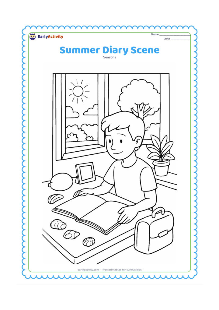 Colouring page: Draw an older child sitting at a desk by an open window, recalling a holiday while looking at a blank scrapbook page. Surround the desk with a mango, seashells, a small photo frame with…