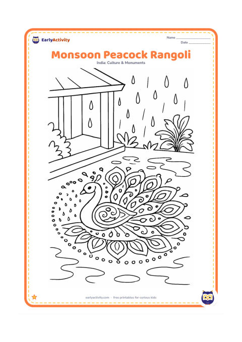 Colouring page: Show an intricate peacock-shaped rangoli beside a covered entrance during the monsoon, with feather curls, raindrop motifs, lotus petals and dot rows. Add wet-looking puddle outlines…