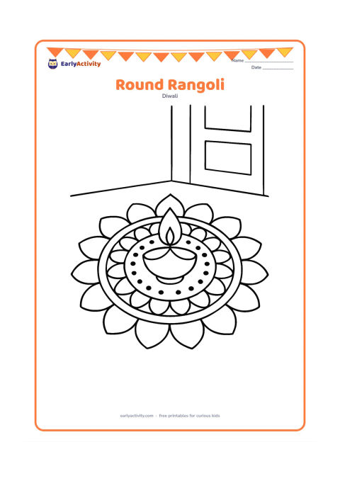 Colouring page: A large circular rangoli fills the page with broad petals, dots, curved bands, and a central diya. Show it on a clean floor near a simple entrance.