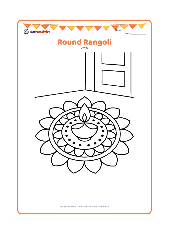 Colouring page: A large circular rangoli fills the page with broad petals, dots, curved bands, and a central diya. Show it on a clean floor near a simple entrance.