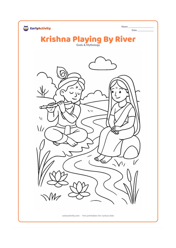 Colouring page: Draw Krishna seated on a riverbank playing his flute, while Radha listens from a nearby rock. Add lotus flowers, reeds, a curved river, and distant trees.