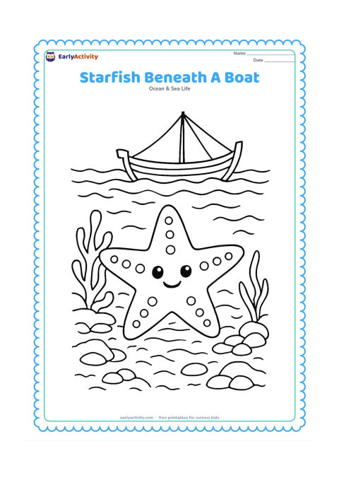 Colouring page: Draw a starfish on a richly textured seabed beneath the silhouette of a small traditional Indian fishing boat above the water, with ropes, waves, rocks and seaweed.