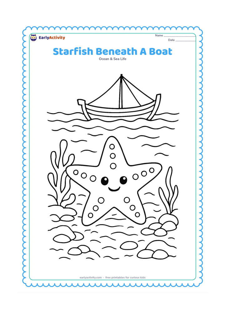 Colouring page: Draw a starfish on a richly textured seabed beneath the silhouette of a small traditional Indian fishing boat above the water, with ropes, waves, rocks and seaweed.