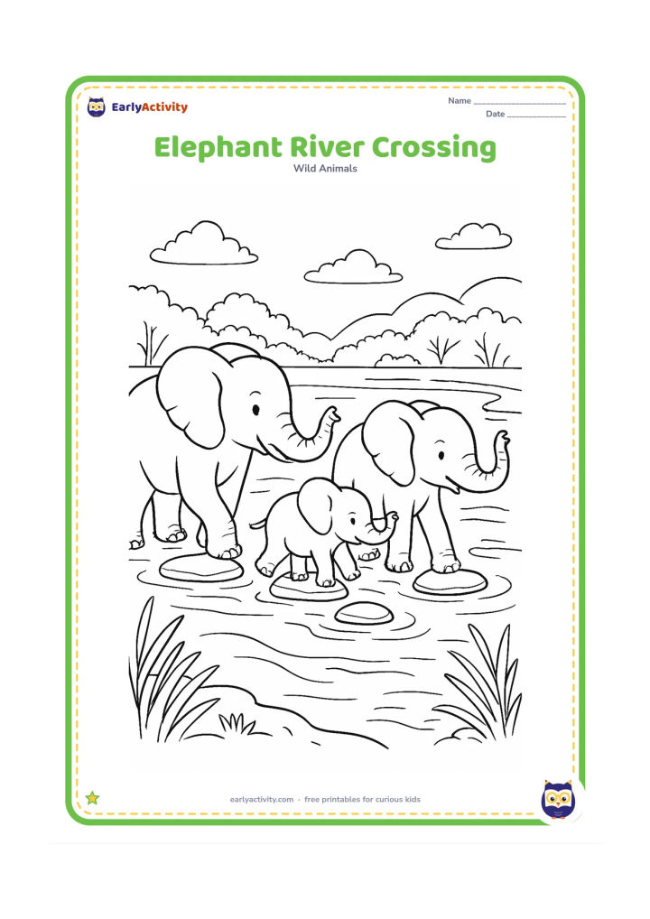Colouring page: A family of three elephants crosses a broad river, with the smallest elephant between two adults. Show trunks raised, stepping stones, river ripples, riverbank plants, and distant forest…