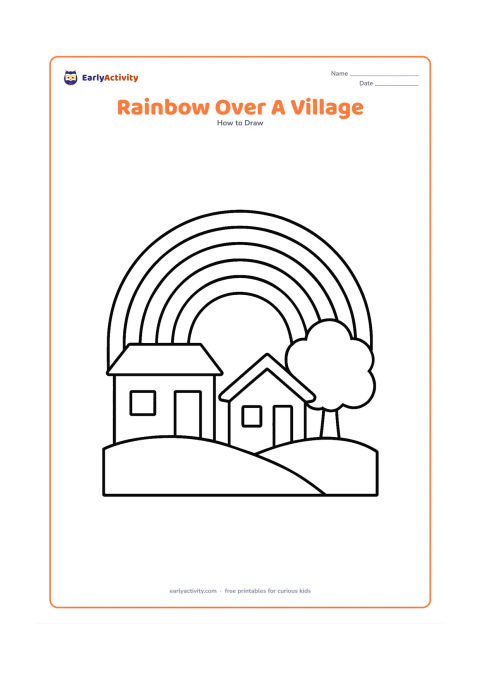 Worksheet: A broad rainbow rises behind two simple houses, a rounded tree and a low hill. Include one small Indian-style house with a flat roof beside one house with a sloping roof, while keeping…