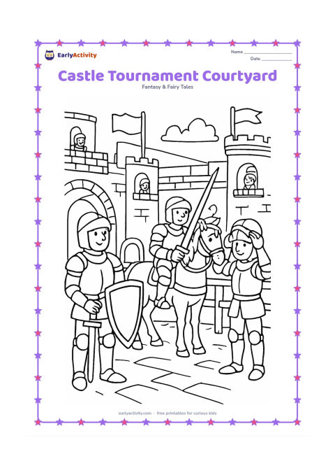 Colouring page: Several friendly knights gather in a castle courtyard for a peaceful tournament, with one mounted knight, one knight holding a shield, and another adjusting a helmet. Include stone…