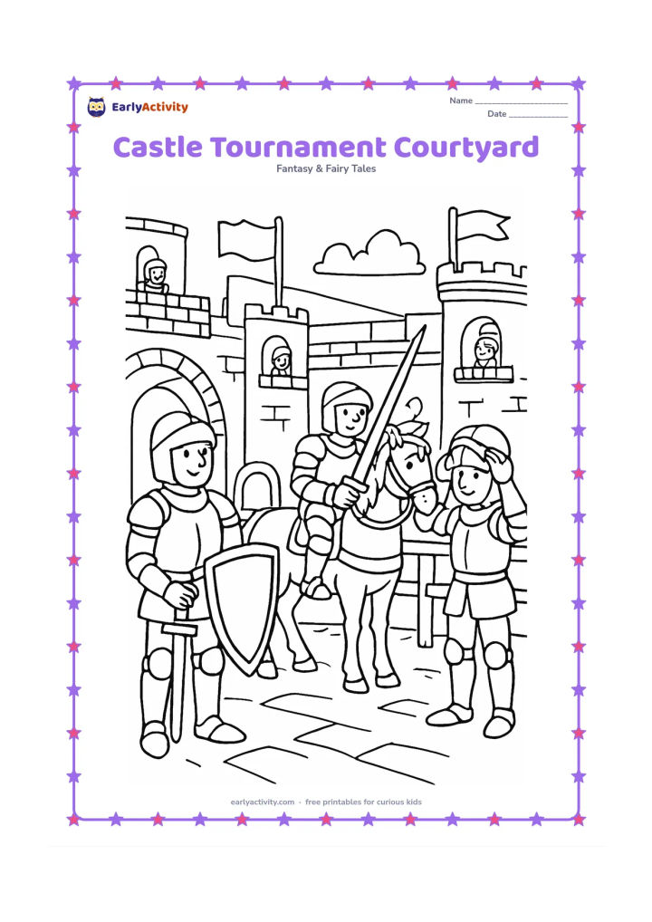 Colouring page: Several friendly knights gather in a castle courtyard for a peaceful tournament, with one mounted knight, one knight holding a shield, and another adjusting a helmet. Include stone…