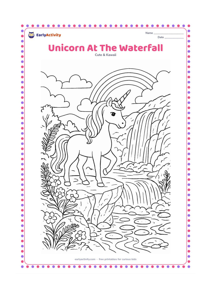Colouring page: A unicorn stands on a rocky ledge beside a cascading waterfall, with ferns, flowers, stepping stones, a rainbow mist and distant hills. Use varied textures in the rocks and water while…