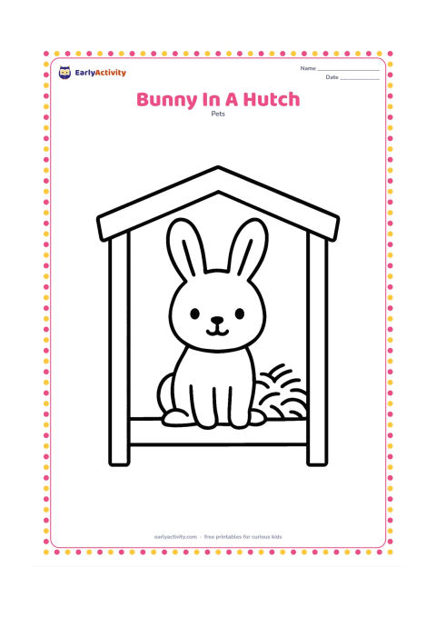 Colouring page: Draw a friendly bunny sitting inside a simple open-front hutch with a thick floor and a pile of hay. Show the hutch roof and two wide wooden side panels without adding signs or labels.